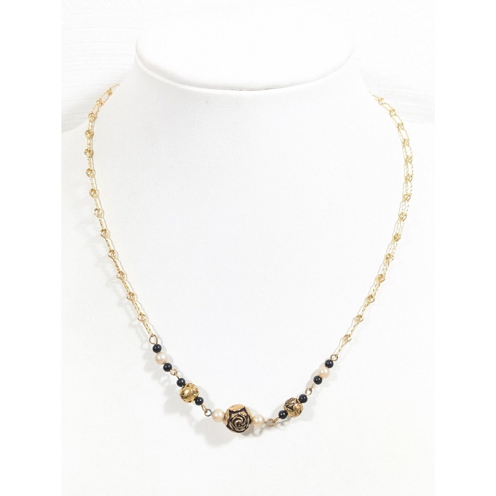 Retro Rose Flower Goldtone Faux Pearl Black Bead Victorian Style Choker Necklace